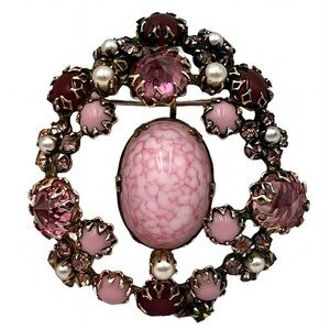 Vintage Schreiner New York Brooch Mid Century Pink Cabochon Rhinestones, Pearls